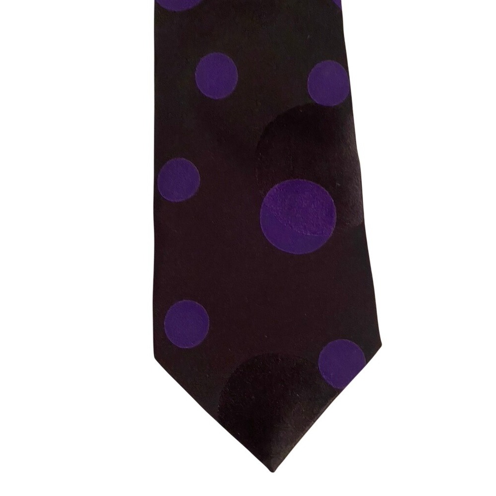 Fred Hayman Beverly Hills Mens Silk Tie Black Purple Polka Dot Gold Chain Detail